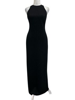 Alyn Paige Vintage Black Glitter Halter Top Open Back Formal Prom Maxi Dress